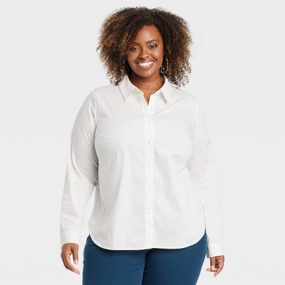 Women's Long Sleeve Collared Button-Down Shirt - Ava & Viv™ White 2X