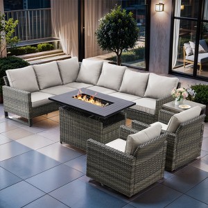 Buenhomino Outdoor Sectional Patio Furniture Set with Fire Pit Table,7 Pieces Wicker Conversation Sets L Shaped Couch with Swivel Chairs - 1 of 4