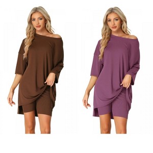 INSPIRE CHIC Women's 2 Pcs Knit Loungewear 3/4 Sleeve T-Shirt with Bike Shorts Pajama Set - 1 of 4