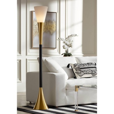 Elegant Black and Brass Torchiere Floor Lamp with Frosted Glass
