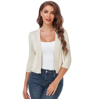 Women's 3/4 Sleeve Cropped Cardigan Sweaters Open Front Hollow Out Knit Bolero Shrugs