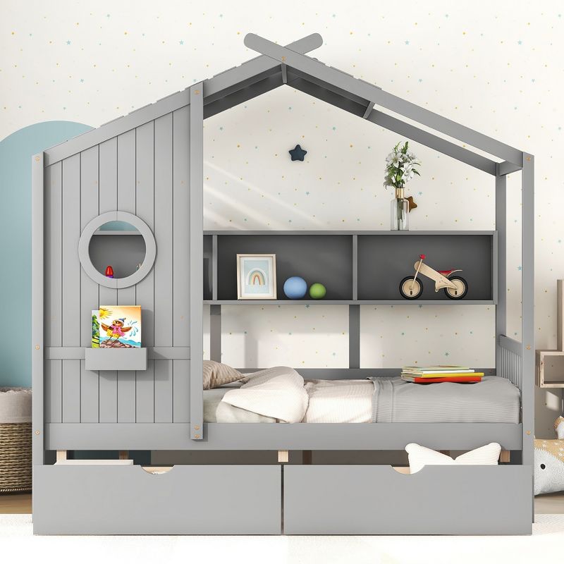 Twin/Full Size Wooden House Bed with 2 Drawers, Kids Bed with Storage Shelf - ModernLuxe, 2 of 12