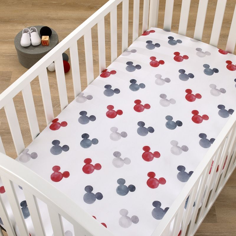 Disney Mickey Mouse - Black, White, Gray and Red Watercolor Mickey Ears Nursery Fitted Mini Crib Sheet, 2 of 6