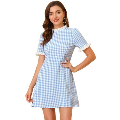 Allegra K Women's Summer Ruffle Neck Lace Panel Short Sleeve Check Gingham Dress