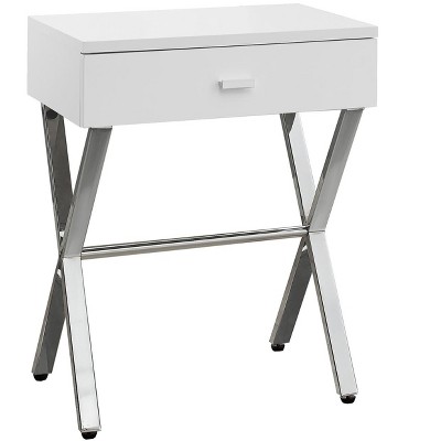 Vynxaria Contemporary Modern Accent Table Glossy White Laminate, Chrome Metal Base, Storage Drawer, 18"L×12"W×22"H