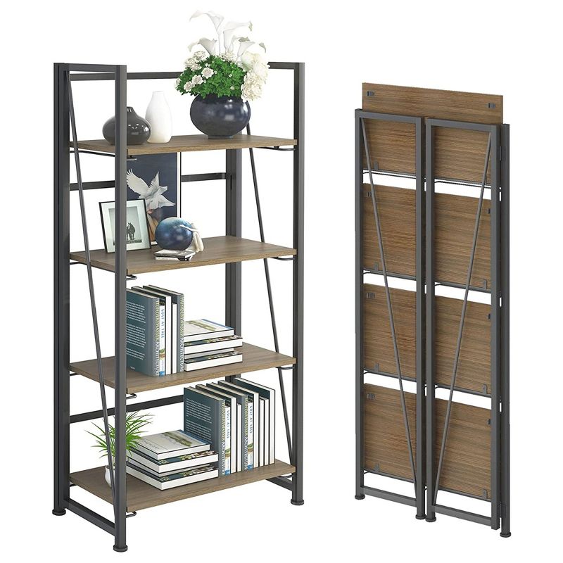 GHQME Space Saving Industrial Style 4 Tiered Folding Storage Bookcase w/ Durable Particleboard Shelves and Wide Metal Cross Bar Frame, Brown and Black, 1 of 6
