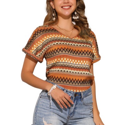 INSPIRE CHIC Women's Summer Casual V Neck T-Shirt Boho Geometric Printed Top