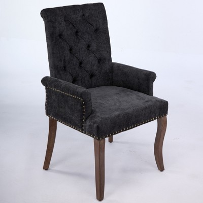 Vynxaria Black Upholstered Chenille Accent Dining Chair, Tufted with Curved Solid Wood Legs, Armchair for Dining Room/Kitchen, Single Pack