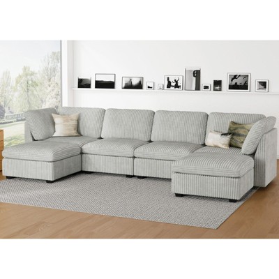 Belffin U-Shaped 6-Seater Corduroy Sectional - Modular Sofa with Storage Ottoman & Convertible Design
