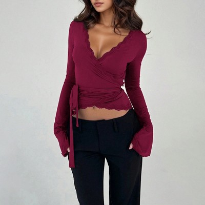Women Lace Trim V Neck Wrap Long Sleeve Top Tie Waist Flared