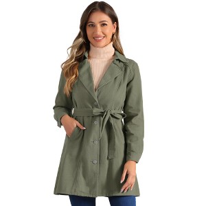 Allegra K Women's Notched Lapel Belted Trench Long Denim Jacket - 1 of 4
