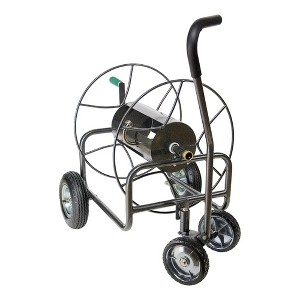Yard Butler 4 Wheel Powder Coated Steel Hose Truck Holds 400 Feet of Hose with 2 Pneumatic Real Tires and 2 Rubber Front Turning Tires, Black - 1 of 4