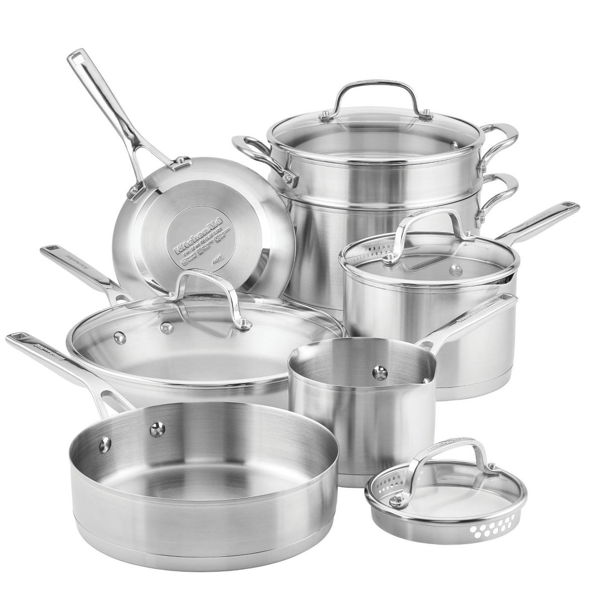 KitchenAid 3-Ply Base Stainless Steel 11pc Cookware Set: Induction Safe, Even-Heating, Tempered Glass Lids, Dishwasher Safe