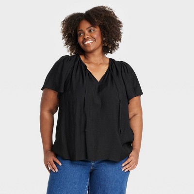 Women's Flutter Short Sleeve Blouse - Ava & Viv™ Black 3X