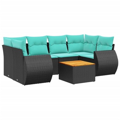 vidaXL 7 Piece Garden Sofa Set with Cushions Black Poly Rattan - Black and Blue