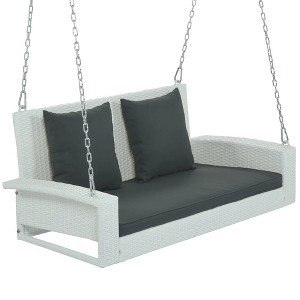 2-Person Wicker Hanging Porch Swing with Chains; Cushion; Pillow; Rattan Swing Bench for Garden; Backyard; Pond - 1 of 4