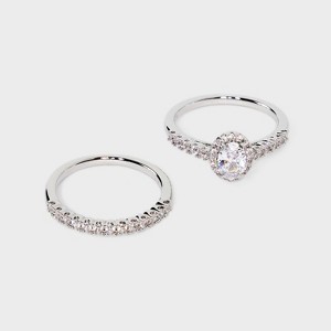 Silver Plated Halo Oval Cubic Zirconia and Pave Wedding Ring Set 2pc - A New Day™ Silver - 1 of 3