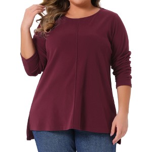 Women's Plus Size Exposed Seams Side Slit High Low Hem Crew Neck Casual Long Sleeve T Shirts - Agnes Orinda - 1 of 4