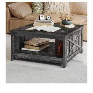 Coffee Table With Storage Farmhouse Coffee Table Wood Cocktail Table Square Living Room Table With Half Open Storage Compartment Dark Ork - 1 of 4