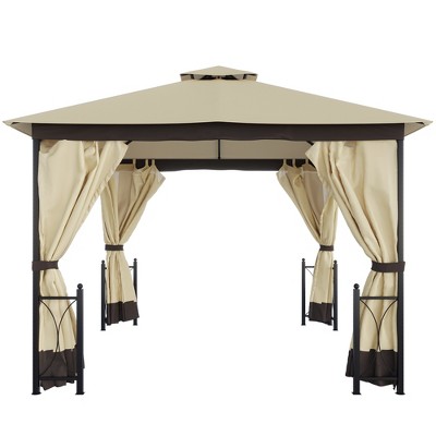 Beige and Black Steel Frame Patio Gazebo with Curtains