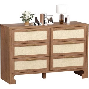 Oak Rattan 6-Drawer Dresser with Gold Handles and 5 Sturdy Legs, Farmhouse Style for Bedroom, Living Room & Entryway - 1 of 4