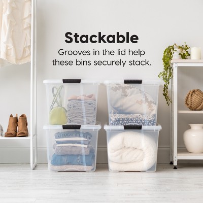 Clear 72 Qt Stackable Plastic Storage Bins with Lids and Latches - 4 Pack
