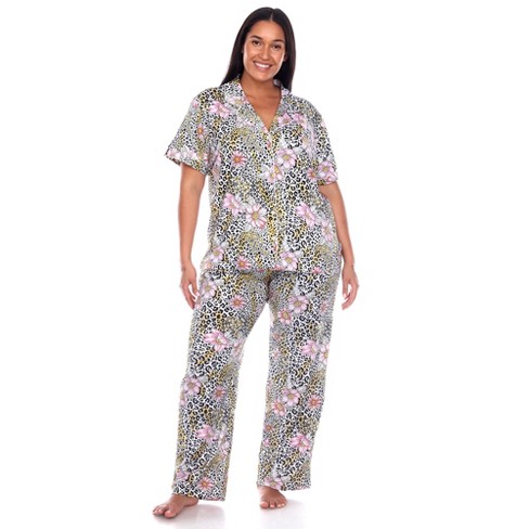 Women's Plus Size Short Sleeve Top And Pants Pajama Set Brown 1x - White  Mark : Target