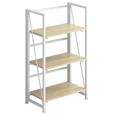 4NM Standing 3 Tier Open Display Folding Bookcase Study Organizer Home Office Storage Vintage Bookshelf for Bedroom and Living Room, Natural and White