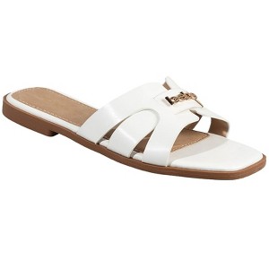 bebe Women's Slide Sandals - Slip-On Comfort with Rhinestone, Pearl, and Logo Embellished Straps - Casual Flat Sandals - 1 of 4