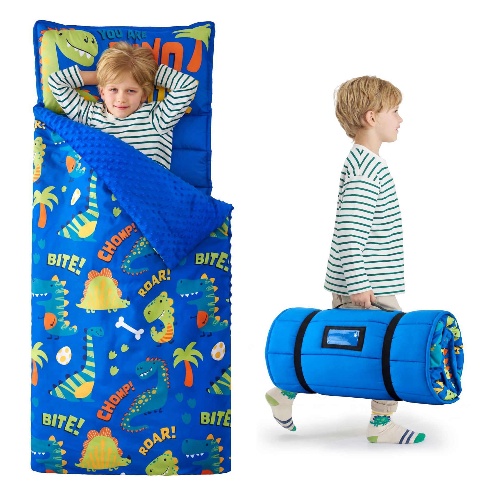 Joyfy 55"x30" Toddler Nap Mat with Removable Pillow/Blanket Kids Sleeping Bag for Boys Girls Age 3-6 Roll Up Soft Preschool Kindergarten Sleepover