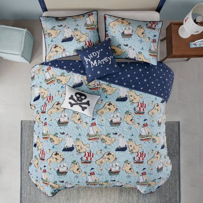 Twin Pirate Ship Cotton Reversible Coverlet Set Blue