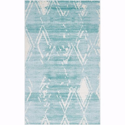 Turquoise and Ivory Rectangular Synthetic Indoor Rug, 5' x 8'