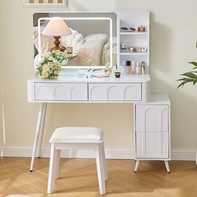 FURNIinspire Vanity Tables Dressing Table Bedroom Makeup Vanity Desk Set with Stool, Drawer Storage, 3 Color Brightness, White, 45.5"*15.7"*52.5"