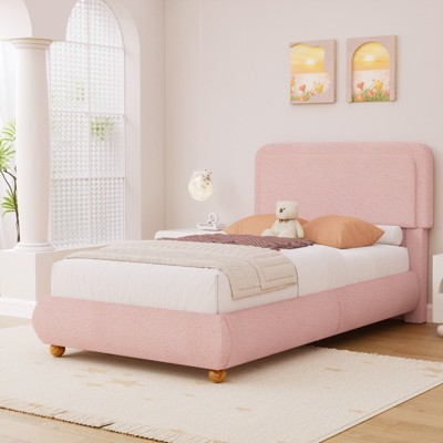 Brafabhome Bed Frame with Round Corner Headboard, Soft Boucle Cloud Platform Bed with Bump-Proof Edge Footboard for Kids, No Box Spring Needed