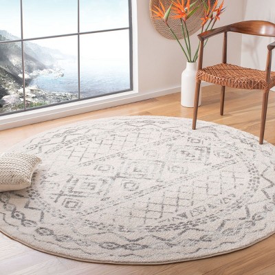 Ivory and Grey Round Synthetic Easy Care Area Rug, 9' x 9'