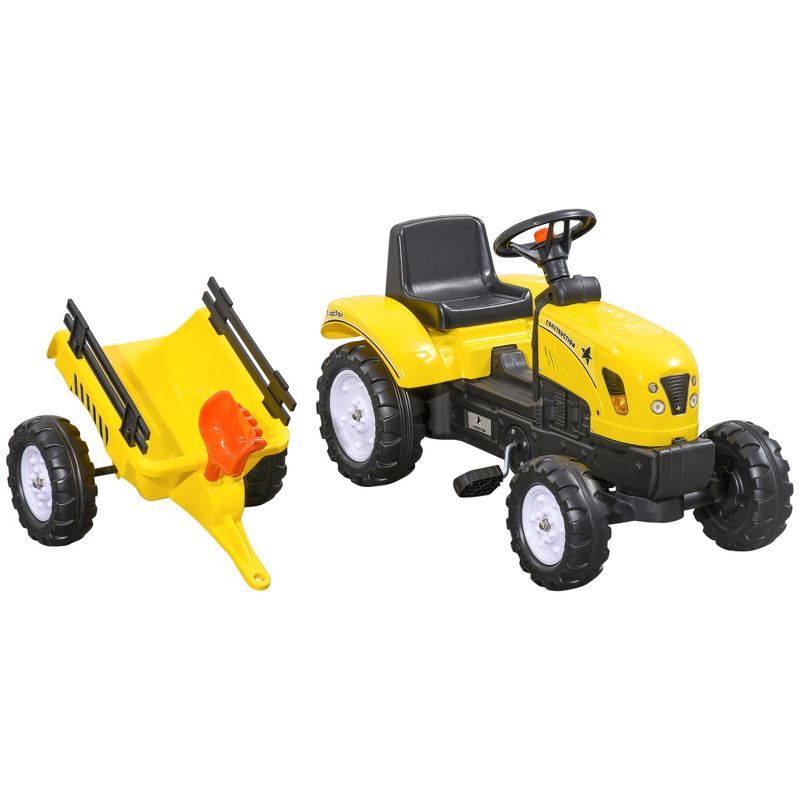 Aosom Kids Ride on Farm Tractor, Manual Pedal Ride on Car with Back Storage Trailer, Shovel & Rake, Horn, 3 Years Old, Yellow, 4 of 7