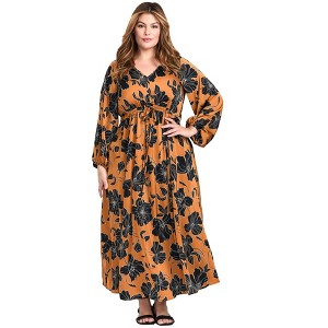 Avenue Women's Plus Size Goldi Satin Blouson Sleeve Maxi Dress - 1 of 4