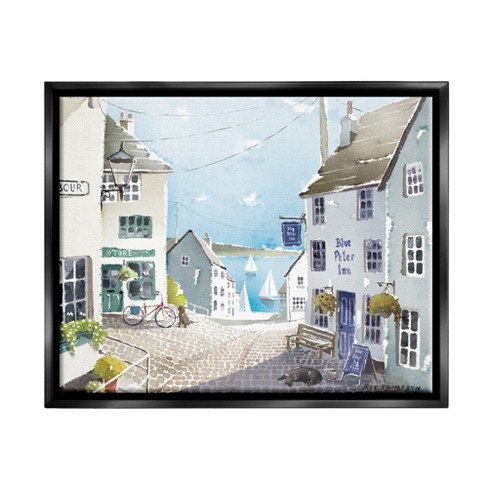 Stupell Industries Coastal Town Seaport Sailboats Framed Floater Canvas  Wall Art, 17 x 21