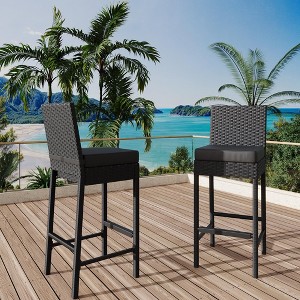 Outdoor Bar Stool Set of 2, Counter Height Bar Chair with Soft Cushion & Ergonomic Footrest, Rattan Barstool Set for Patio Pool - 1 of 4