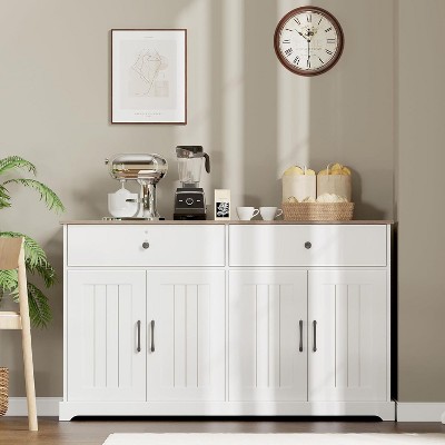 56" Farmhouse Buffet Cabinet - Storage Sideboard with Drawers, Adjustable Shelf & Barn Doors,White