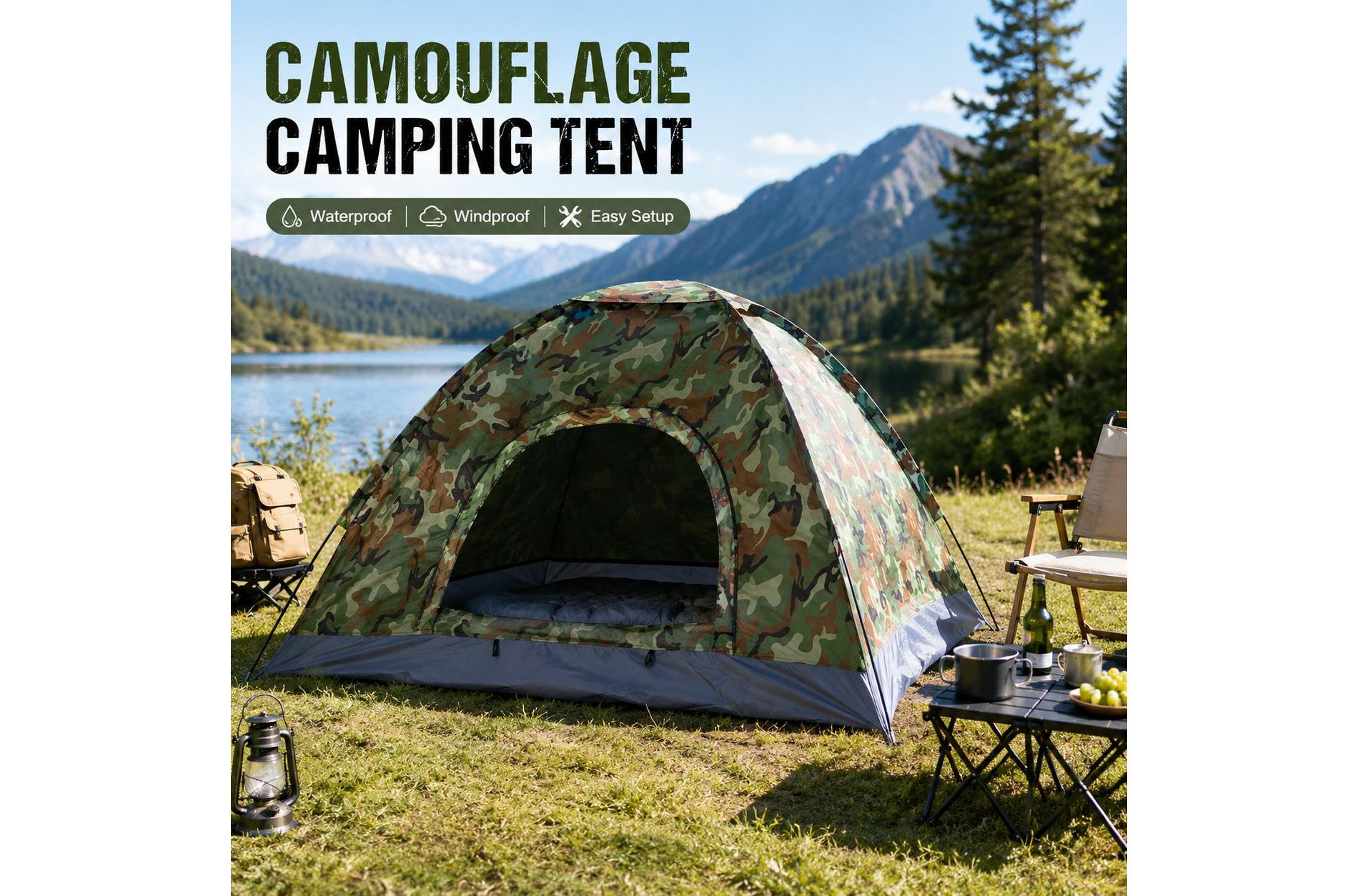3-4 Person Camping Dome Tent, Waterproof Portable Family Tent with Carry Bag, Lightweight Outdoor Tent for Camping, Hiking & Fishing, Camouflage