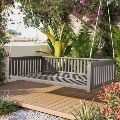 PAGED Patio Twin Size Garden Porch Swing,Wood Swing Bed with Ropes and Weather Resistant Frame for Patio Backyard,Garden,Porch