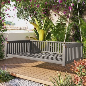 PAGED Patio Twin Size Garden Porch Swing,Wood Swing Bed with Ropes and Weather Resistant Frame for Patio Backyard,Garden,Porch - 1 of 4