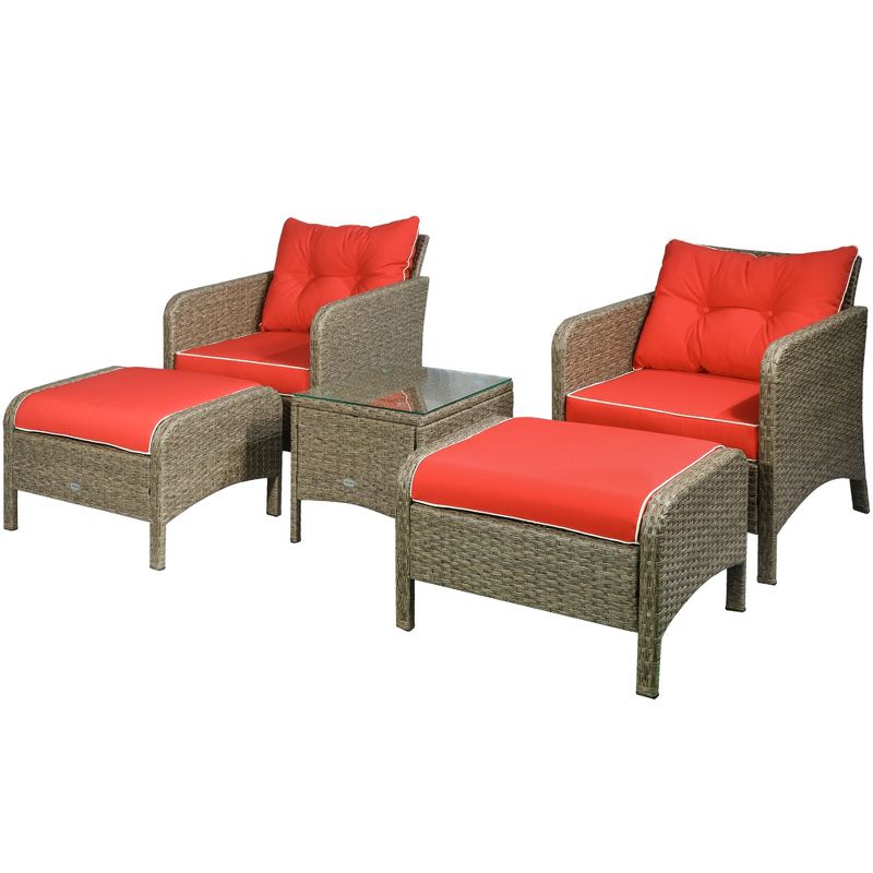 Outsunny 5 Pieces Rattan Wicker Lounge Chair Outdoor Patio Conversation Set with 2 Cushioned Chairs, 2 Ottomans & Glass Top Coffee Table, Red, 4 of 7