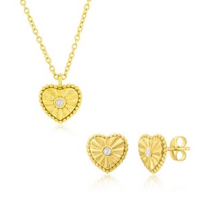 Bella Silver Sterling Silver Beaded Heart CZ 18" Pendant Necklace & Earrings Set - 1 of 2