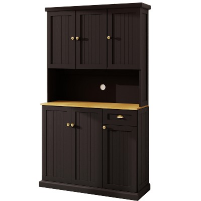 PDTEND 71" Kitchen Pantry Storage Cabinet with Microwave Oven Countertop, Adjustable Shelves, 6 Doors and 1 Drawer