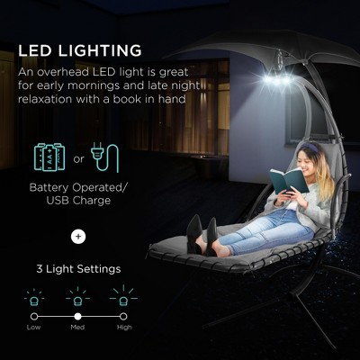 Gray Hanging LED-Lit Curved Chaise Lounge Chair with Canopy