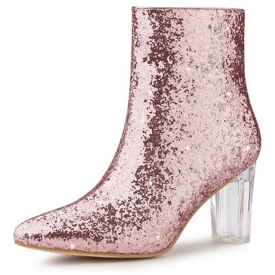 Allegra K Women's Zip Closure Pointed Toe Clear Block Heel Halloween Glitter Ankle Boots