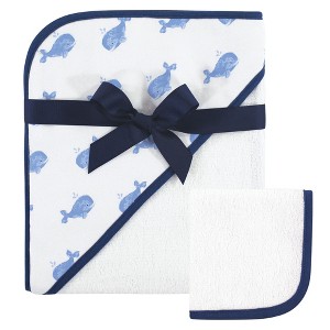 Hudson Baby Infant Boy Cotton Hooded Towel and Washcloth 2pc Set, Whale, One Size - 1 of 1