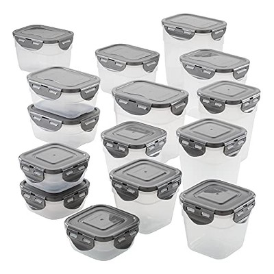 Rachael Ray Leak-Proof Stacking Container Food Storage Bin Set, 30-Piece, Clear with Gray Lids